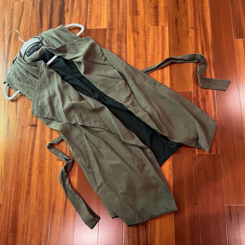 Zara Basic Olive‎ Green Vest Tie Waist Open Sleeveless Trench Waterfall Small